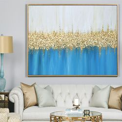 gold and blue turquoise abstract wall art gold leaf painting on canvas | modern abstract painting above bed decor