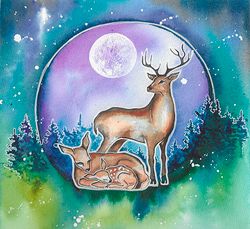 new life original watercolor handmade painting for living room game room children fawn