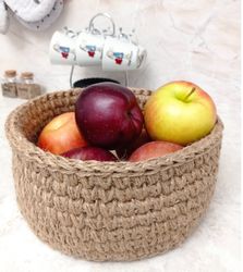 jute storage basket. handmade crocheted basket in boho style