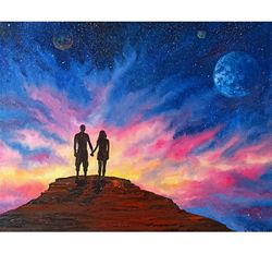 couple painting galaxy canvas oil painting 14 by 18 surrealism original art space artwork