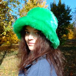 green faux fur bucket hat. festival fuzzy neon hat. green fluffy hat. rave hat. bright shaggy hat for st. patrick's day