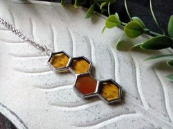 honeycomb glass necklace, stained glass honeycomb, honey bee decor, bee art, honey bee jewelry, bee lover gift,