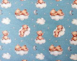 digital printed teddy bears, french terry kids fabric, baby clothes fabric, baby bear on clouds fabric