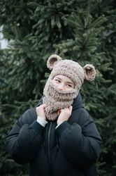 hand knitted original balaclava puffy winter warm hat with ears bear ski mask face knitted balaclava