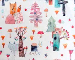 forest animals fabric, digital printed jercey kids fabric, baby clothes fabric, woodland animals fabric