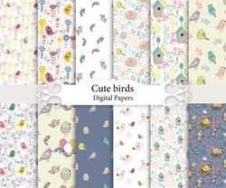 Bird paper, seamless patterns.