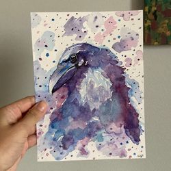 raven watercolor painting, original small painting of raven, raven paintings, crow art, crow painting, raven bird art