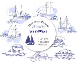 sea and waves, summer holidays, ships, water splashes. clipart. instant download