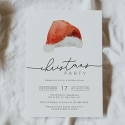 editable christmas party invitation, printable christmas invitation, holiday party invite, party announcement, santa hat