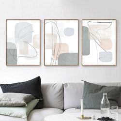 gray abstract print, set of 3 wall art, living room decor, digital prints, triptych poster, grey art, geometric painting