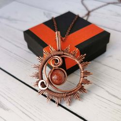 sun moon necklace with sunstone bead. wire wrapped copper sun and moon pendant.