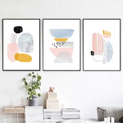 scandinavian wall decor, abstract set of 3 art minimal art, modern poster printable artwork 3 large prints pink and blue