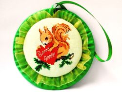 embroidery ornaments squirrel, winter holiday decor, godmother gift, handmade xmas decoration, red heart, godparent gift