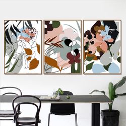 abstract leaf print, set of 3 wall art, home decor, digital prints, triptych botanical painting, abstract floral artwork