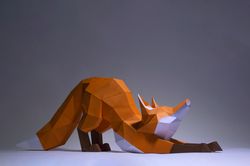 fox stretching paper craft, digital template, origami, pdf download diy, low poly, trophy, sculpture, fox model