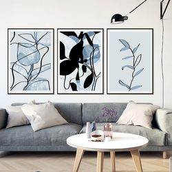 leaves poster drawing, set of 3 wall art digital prints, blue and black artwork, leaf line art plants botanical painting