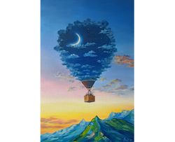 hot air balloon painting surrealism canvas oil painting journey original art 24 by 16 clouds wall art mountain artwork