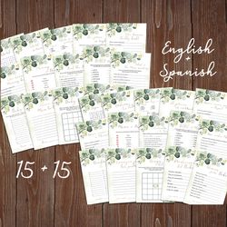 eucalyptus bilingual baby shower games english and spanish baby shower games greenery baby shower games bundle printable