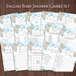 boy teddy bear baby shower games bundle baby shower theme party, baby games, wishes for baby, scramble, advice printable