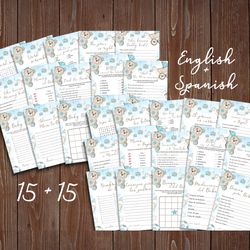 teddy bear boy bilingual baby shower games english and spanish baby shower games baby shower games bundle printable