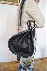 leather bucket bag medium size vintage black & gold drawstring bag handcrafted