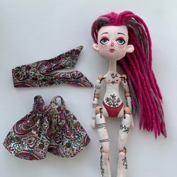 dreadlocks doll doll with tattoos tattooed lady doll textile interior doll tattoo doll with burgundy dreadlock ooak