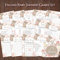 girl teddy bear baby shower games bundle baby shower theme party baby games, wishes for baby, scramble, advice printable