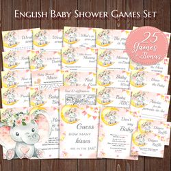 elephant baby shower games bundle, girl elephant baby shower games set party, pink elephant baby games printable  wishes