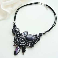 Black Statement necklace, Aventurine stone necklace, Soutache necklace