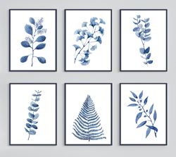 botanical set of 6 blue prints, set of 6 printable wall art, gallery wall set, instant download