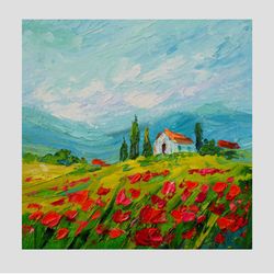 tuscany painting poppy original art landscape artwork with houses mountain small art 6 by 6 in italy painting