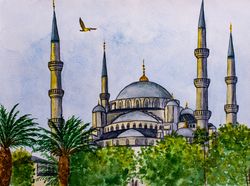 blue mosque original watercolor painting sultan ahmed mosque painting istanbul artwork turkey architecture wall art