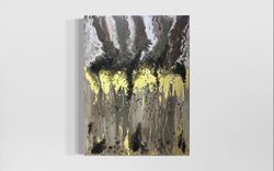 abstract painting with gold leaf & tempered glass on canvas, mixed media artwork for bedroom in scandinavian style