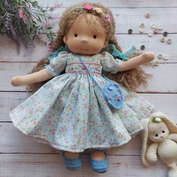 waldorf baby doll . textile doll in clothes 14 inch .natural fiber soft doll