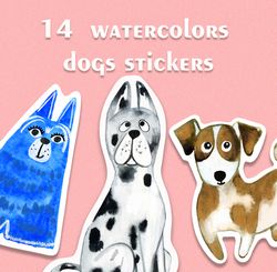 watercolor cute dogs sticker pack, funny dogs, dog breeds, laptop stickers, diary sticker, funny puppy, hand drawn