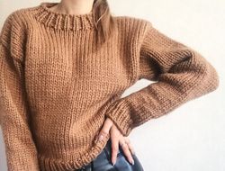 brown chunky knit cropped sweater wool sweater oversized hand knit sweater brown wool sweater womens knitwear for winter