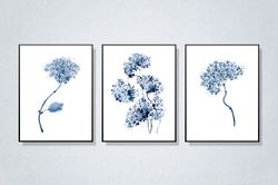 botanical wall art, gallery set of 3 botanical posters, hydrangea print, navy blue wall art