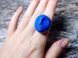 blue moon ring, face ring, moon goddess ring, halloween ring, witchy moon ring, samhein ring, ultramarine ring.
