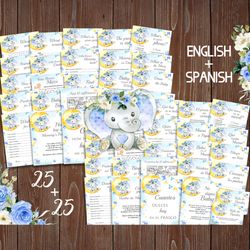 elephant bilingual baby shower games, elefante juegos de baby shower, boy elephant baby shower games bundle bilingual