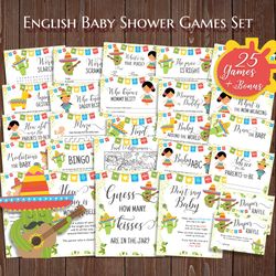 fiesta baby shower games bundle, mexican baby shower games set, fiesta baby games baby shower theme games printable