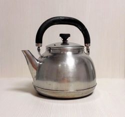 vintage soviet stainless steel teapot. old silver metal tea pot