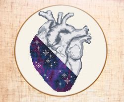 galaxy heart cross stitch pattern modern cross stitch space anatomical cross stitch night sky embroidery