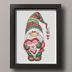 gnome with heart cross stitch pattern pdf, gnome cross stitch pattern, valentines day gnome, valentine cross stitch