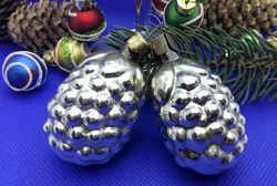 soviet vintage christmas tree toys pine cones. glass xmas toys