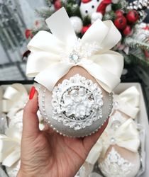 christmas balls,christmas rhinestone ball,beige balls, handmade christmas balls,tree decor set,xmas ball set,velvet ball