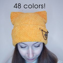 cat ears beanie crochet 48 colors available! fluffy beanie with ears square beanie for teens