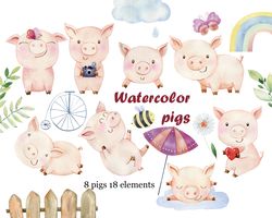 watercolor pigs, farm animals clipart.