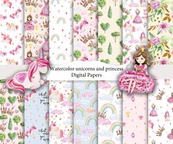 fairytale unicorns, watercolor seamless patterns.