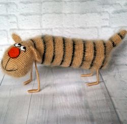 crochet long cat, crochet tabby cat, little decor cat, funny cat, striped cat