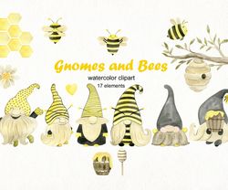 watercolor bee gnomes, clipart.